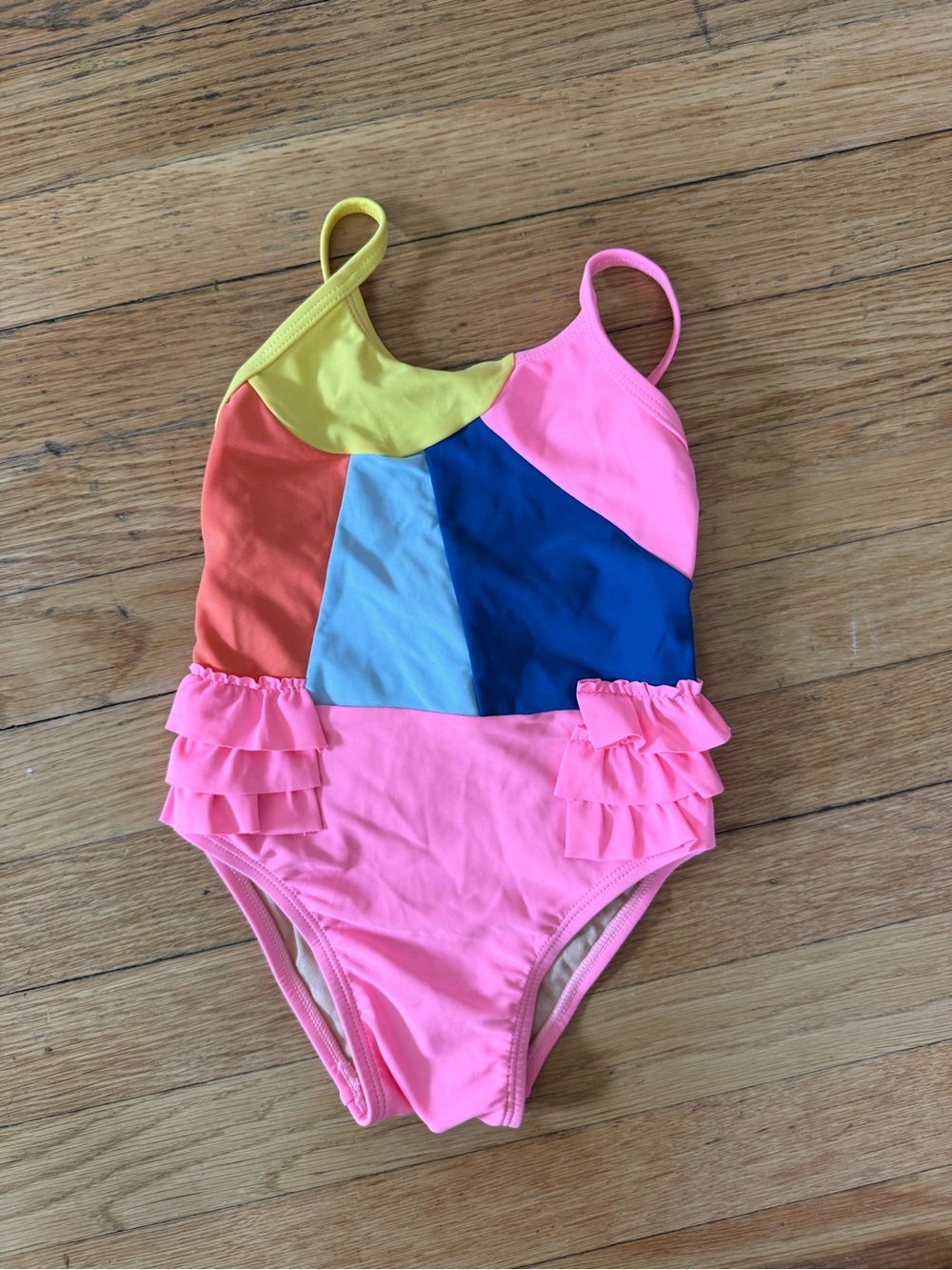 Old Navy Pink One-Piece Swimsuit with Multicolor Panels and Ruffles